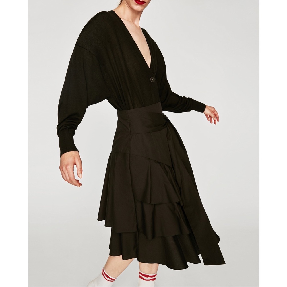 Zara Poplin Black Cascading Ruffle Tie Skirt